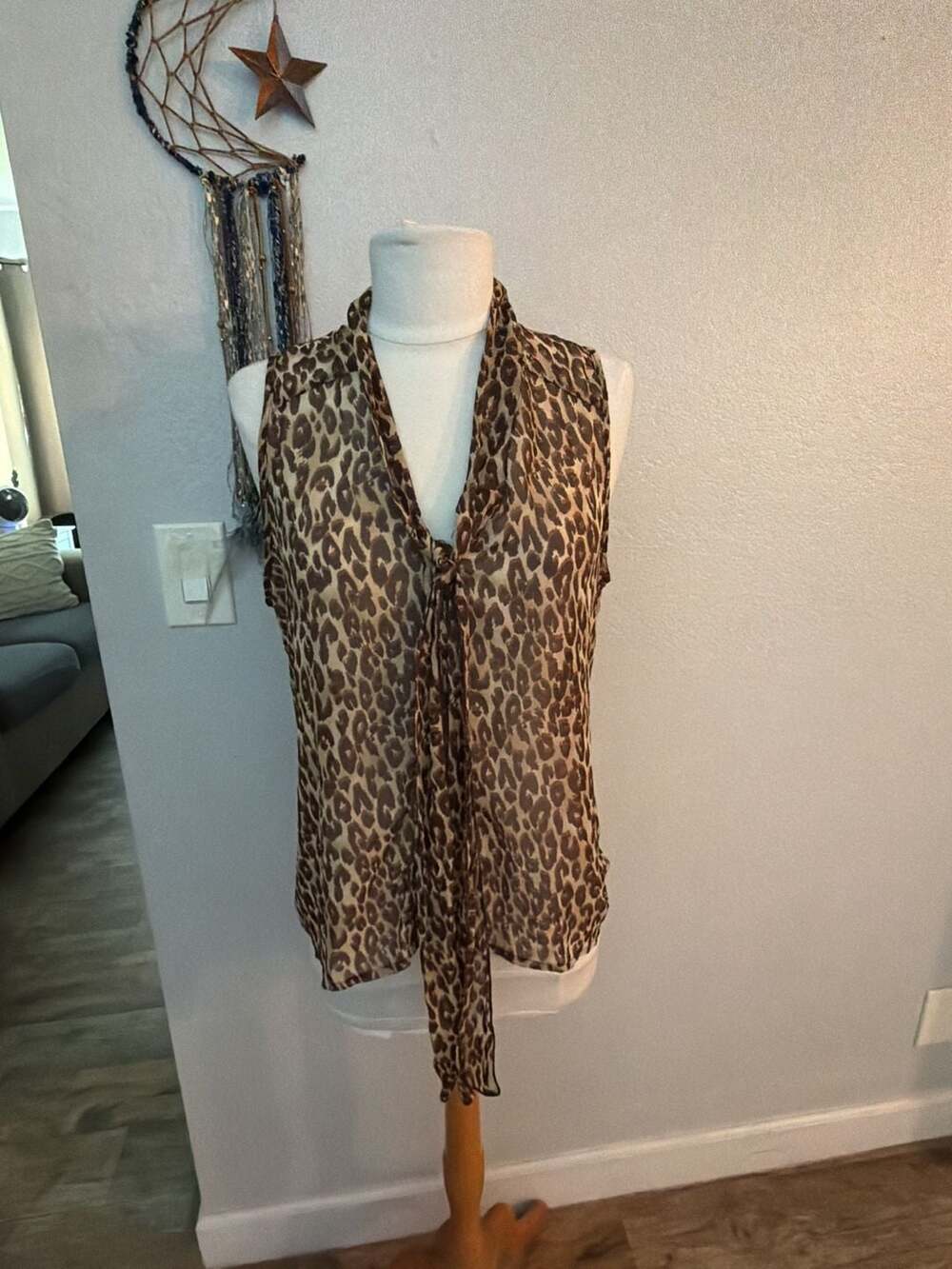 Ambiance Apparel Leopard Print Sleeveless Mock Neck Tie Top, Size L